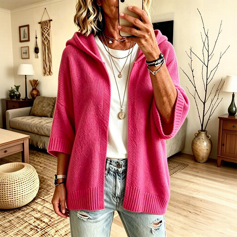 Women's 3/4 Sleeve Hooded Knit Cardigan