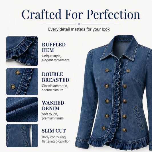 Women's Double Breasted Ruffle Denim Jacket