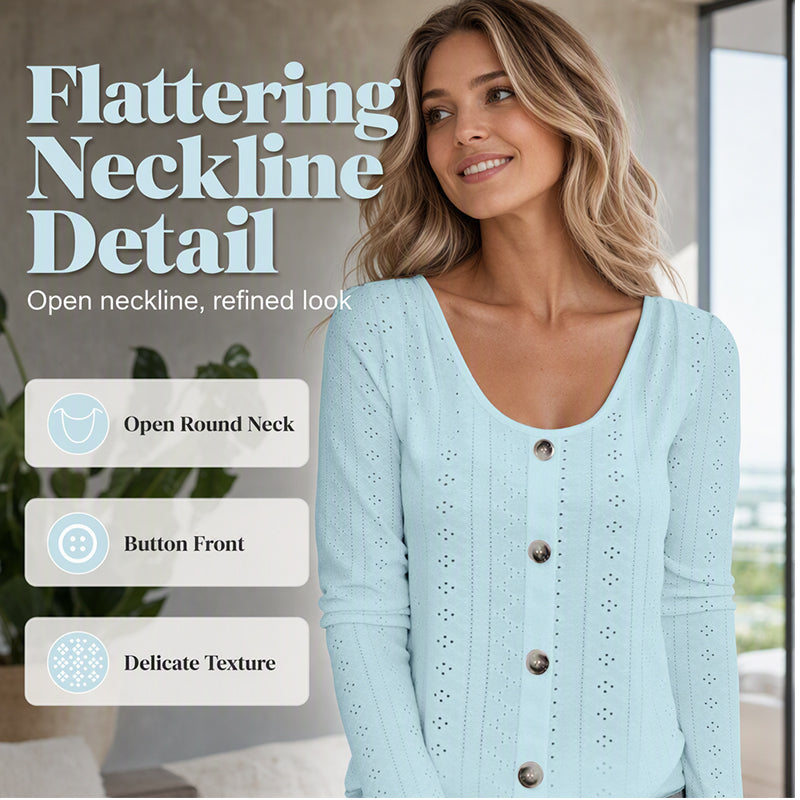 Women's Casual Round Neck Pointelle Long Sleeve Top