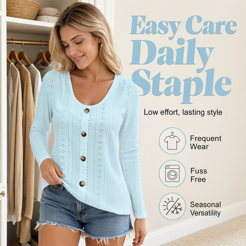 Women's Casual Round Neck Pointelle Long Sleeve Top