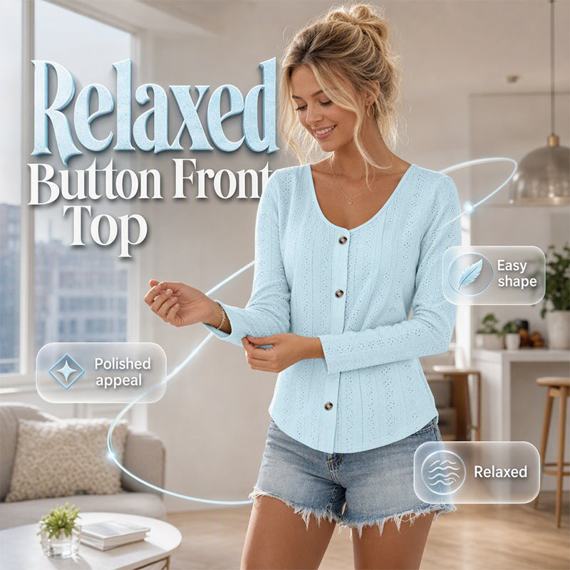 Women's Casual Round Neck Pointelle Long Sleeve Top