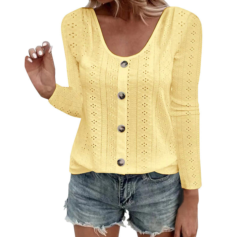 Women's Casual Round Neck Pointelle Long Sleeve Top