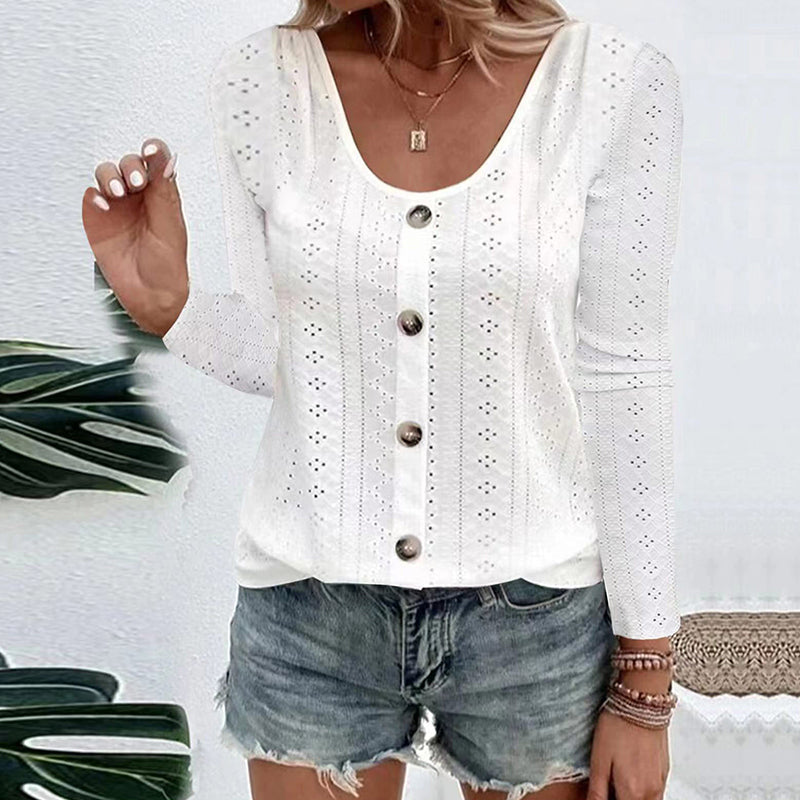 Women's Casual Round Neck Pointelle Long Sleeve Top