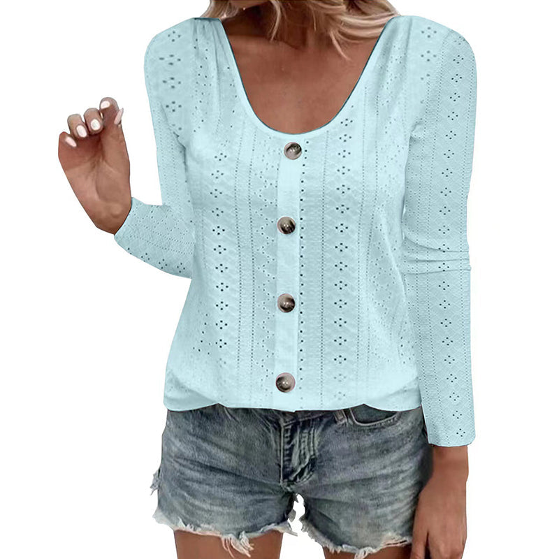 Women's Casual Round Neck Pointelle Long Sleeve Top