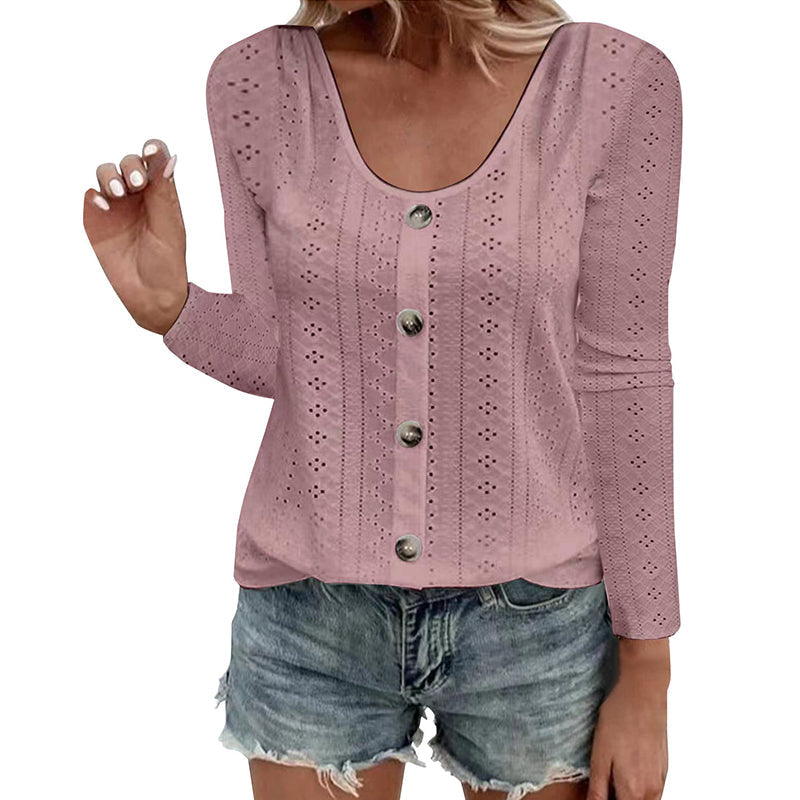 Women's Casual Round Neck Pointelle Long Sleeve Top