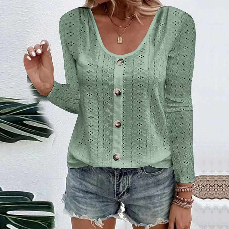Women's Casual Round Neck Pointelle Long Sleeve Top