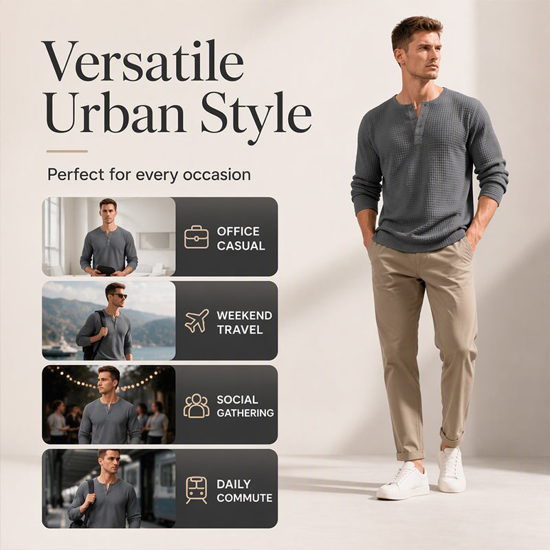 Men's Waffle Knit Long Sleeve Henley Shirt
