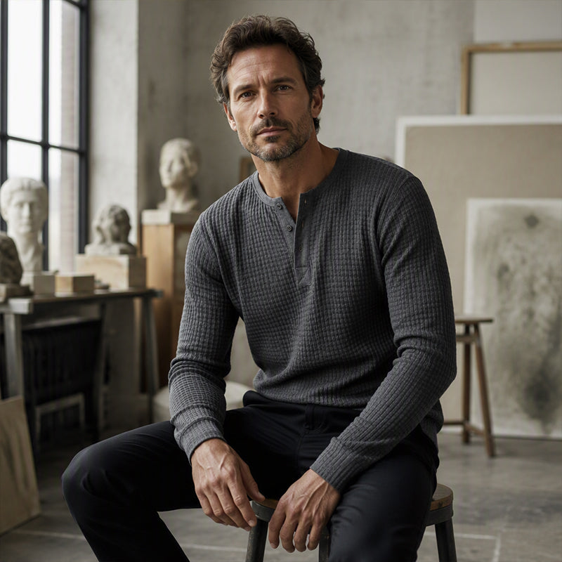 Men's Waffle Knit Long Sleeve Henley Shirt