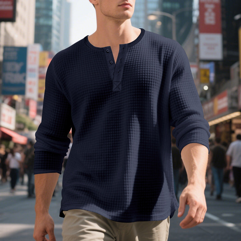 Men's Waffle Knit Long Sleeve Henley Shirt