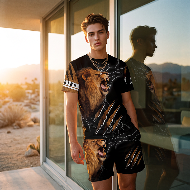 🔥 2026 Fresh Drops | Flat 50% OFF Today! 💸Men's Casual Animal Graphic T-Shirt and Shorts Set