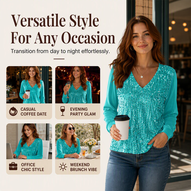 Women's Elegant Sequin V-Neck Top