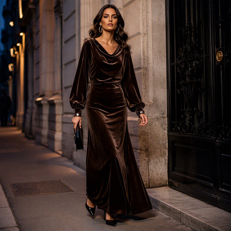 Women's Elegant Velvet Cowl Neck Dress