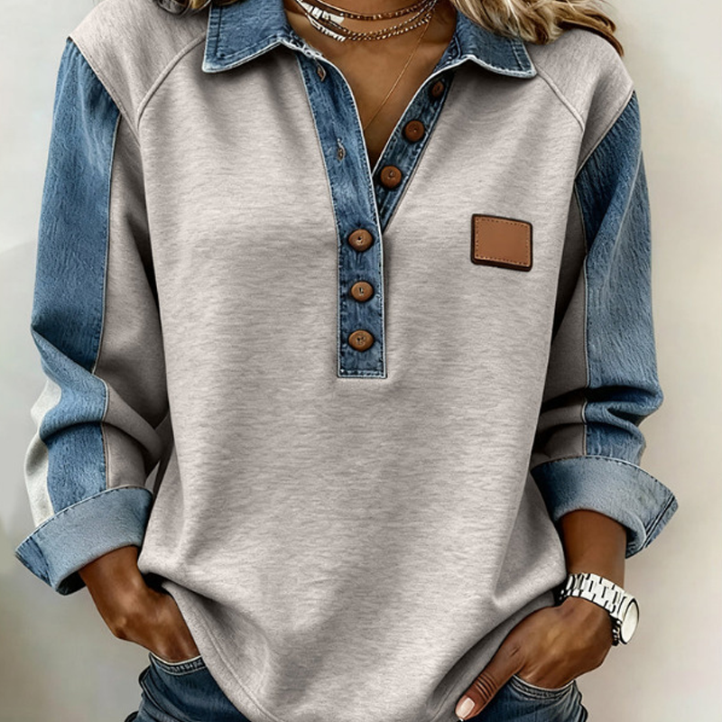 ⏰Last Day Sale 55% Off 💃 Women’s Denim Patchwork Lapel Long-Sleeve Shirt