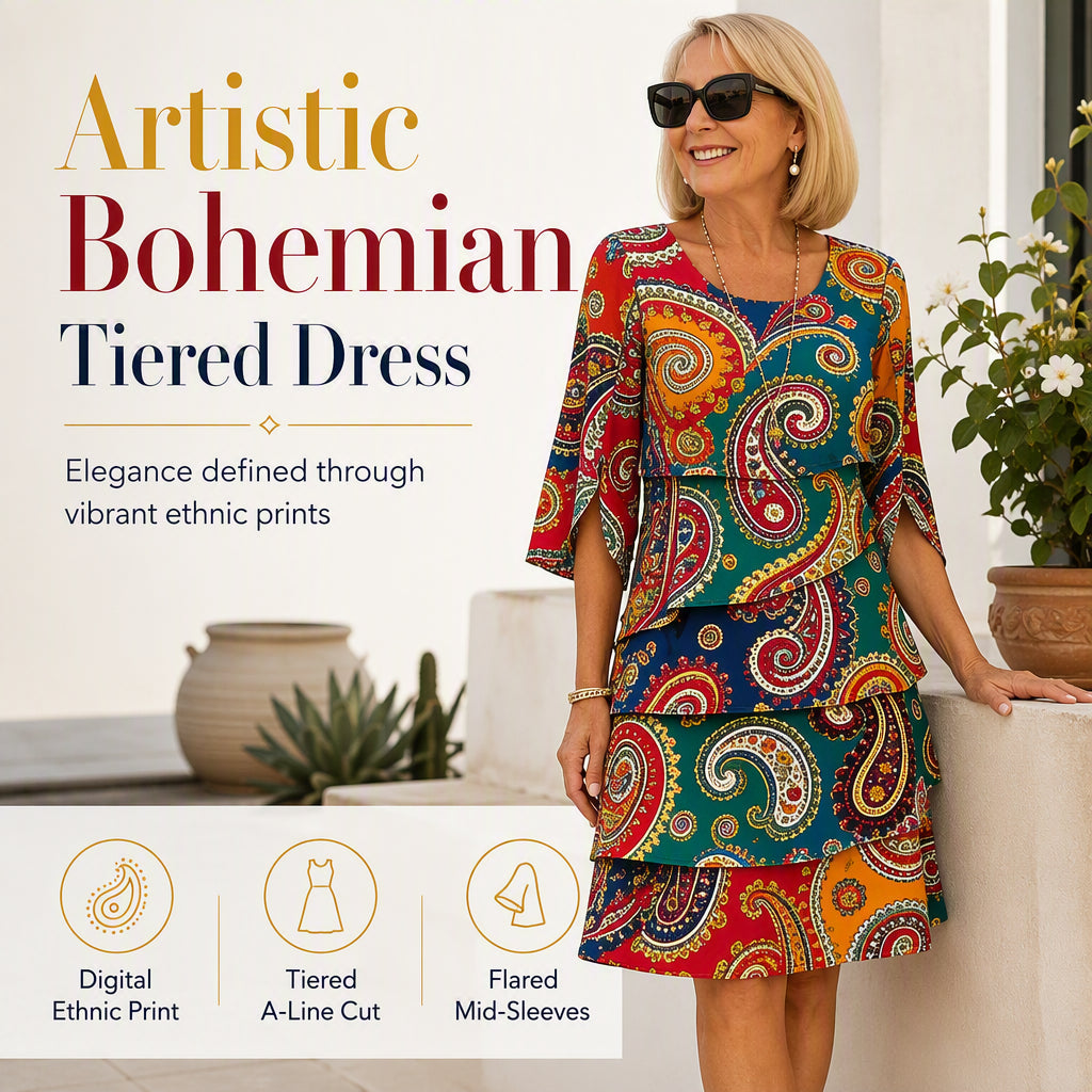 Women's Ethnic Print V-Neck Tiered Dress