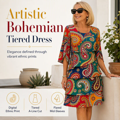 Women's Ethnic Print V-Neck Tiered Dress