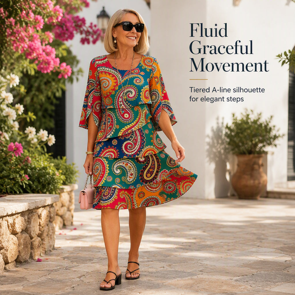 Women's Ethnic Print V-Neck Tiered Dress