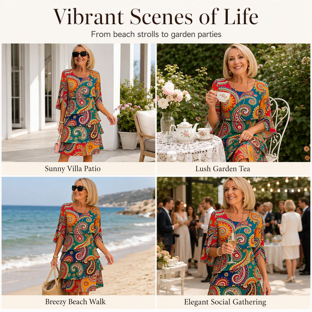 Women's Ethnic Print V-Neck Tiered Dress