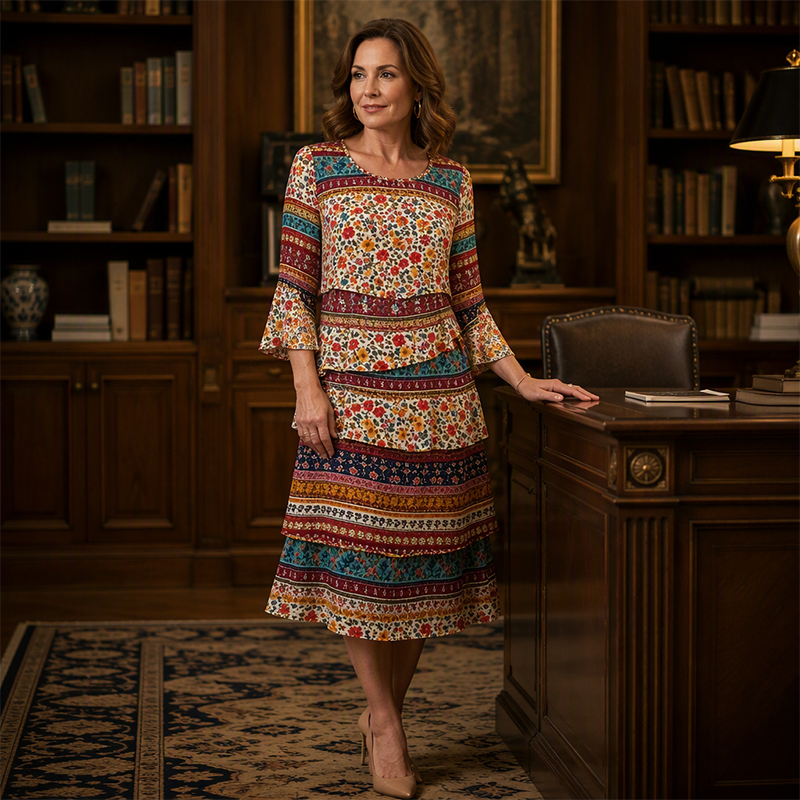 Women's Ethnic Print V-Neck Tiered Dress