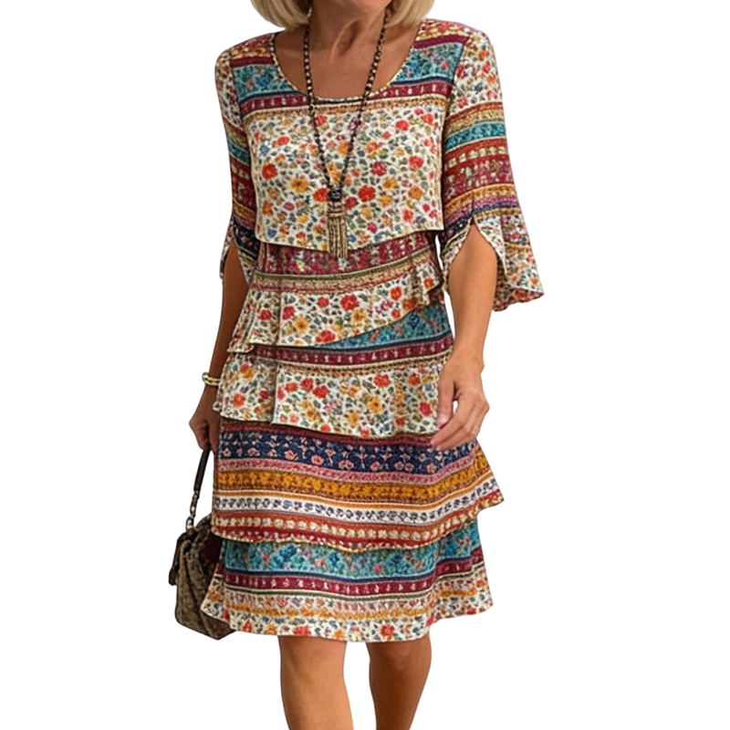 Women's Ethnic Print V-Neck Tiered Dress