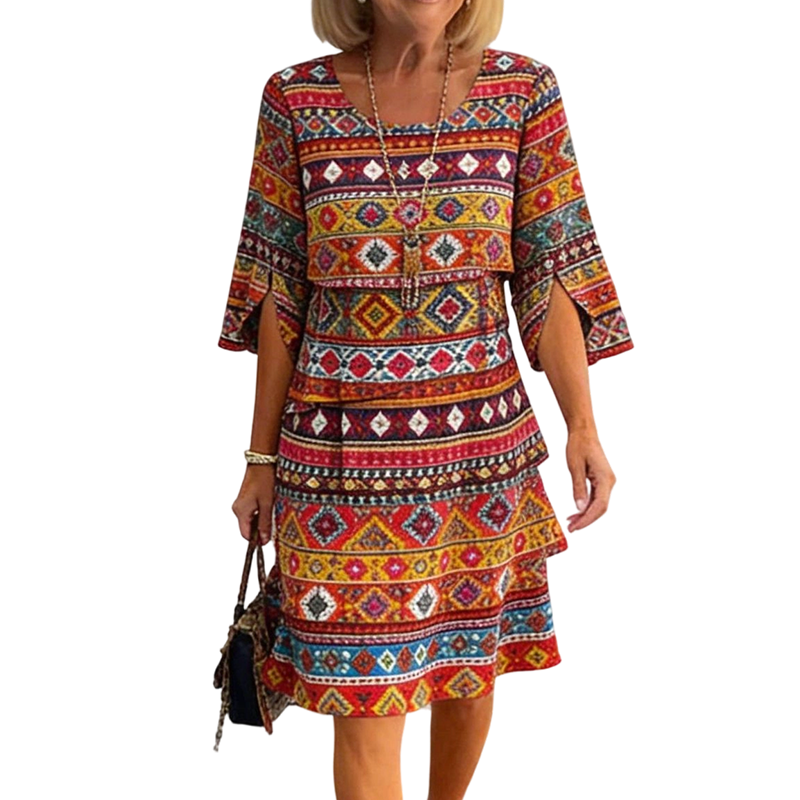 Women's Ethnic Print V-Neck Tiered Dress