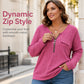 Women's Zipper V-Neck Ribbed Knit Long Sleeve Top