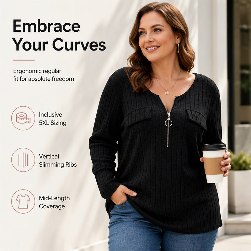 Women's Zipper V-Neck Ribbed Knit Long Sleeve Top