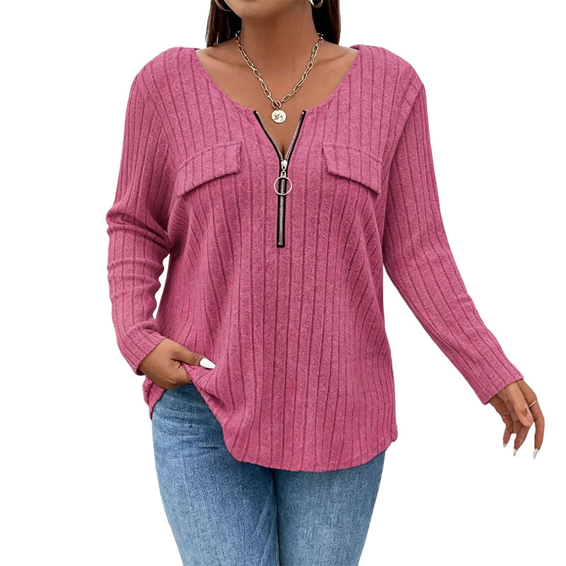 Women's Zipper V-Neck Ribbed Knit Long Sleeve Top