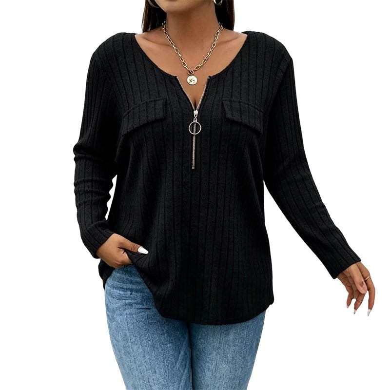 Women's Zipper V-Neck Ribbed Knit Long Sleeve Top