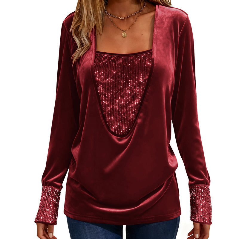 Women's Elegant Sequin Patchwork Long Sleeve Top