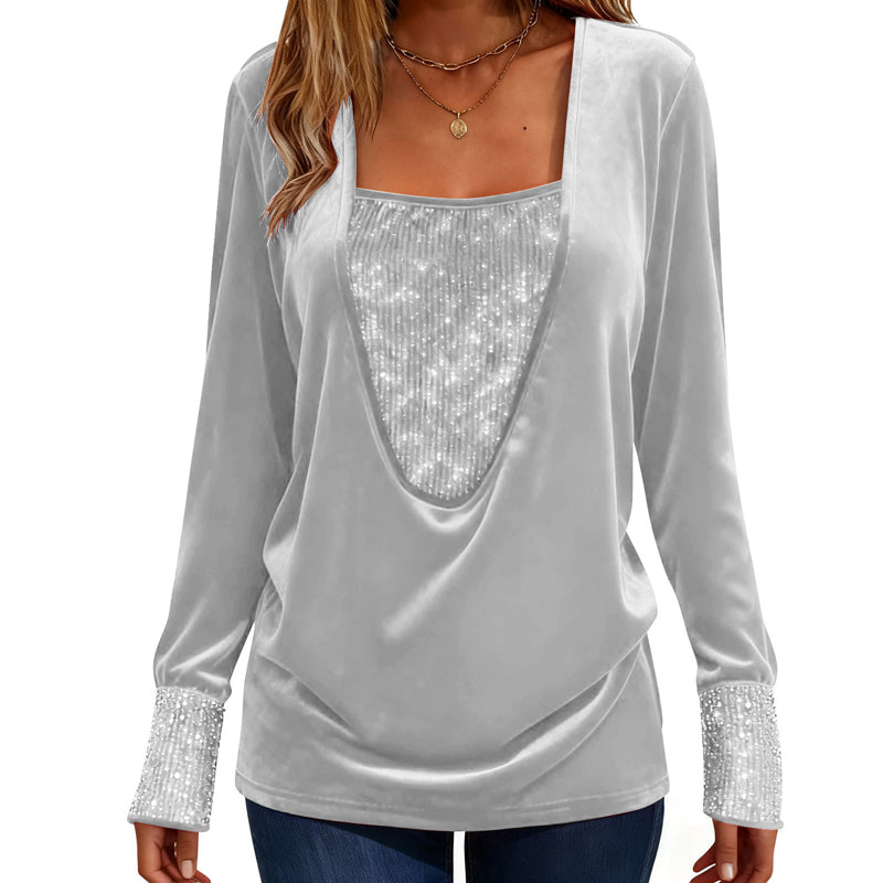 Women's Elegant Sequin Patchwork Long Sleeve Top