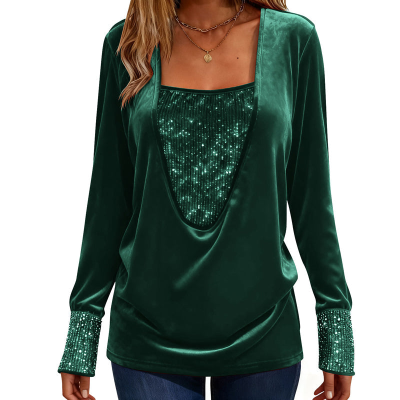 Women's Elegant Sequin Patchwork Long Sleeve Top