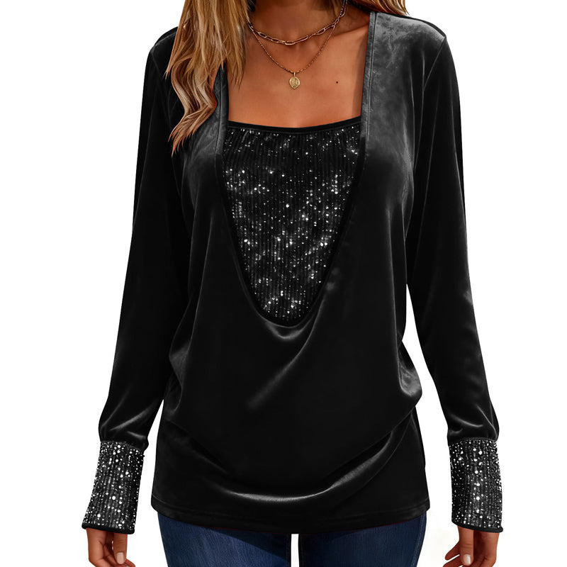 Women's Elegant Sequin Patchwork Long Sleeve Top