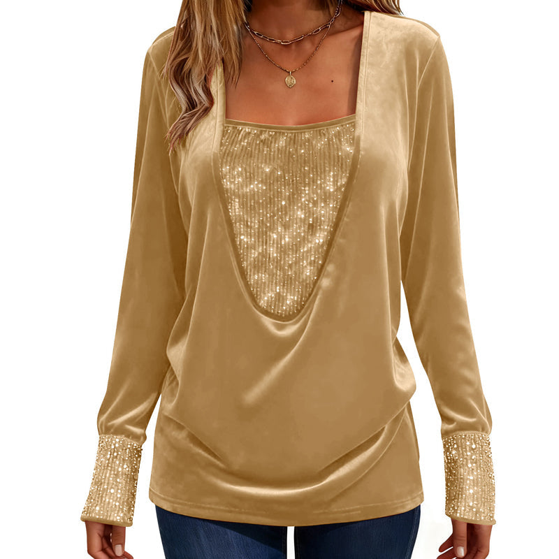 Women's Elegant Sequin Patchwork Long Sleeve Top