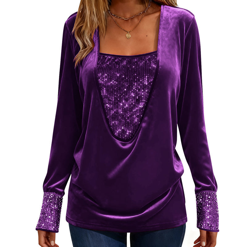 Women's Elegant Sequin Patchwork Long Sleeve Top