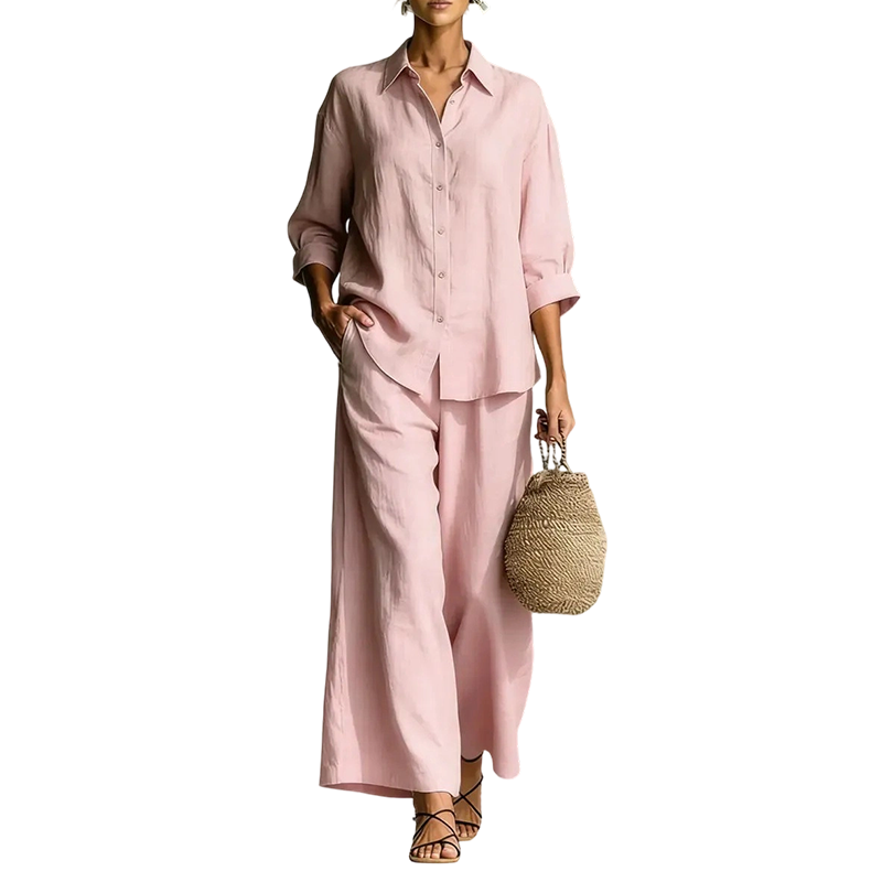 Women's Casual Shirt & Flowy Wide-Leg Pants Set