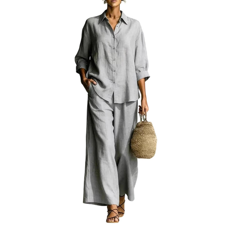 Women's Casual Shirt & Flowy Wide-Leg Pants Set