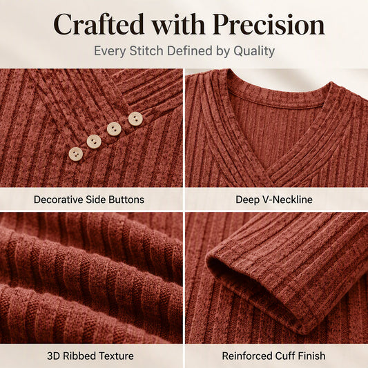 ⏰Last Day Sale 50% Off💃Women's Ribbed Knit V-Neck Top with Decorative Buttons