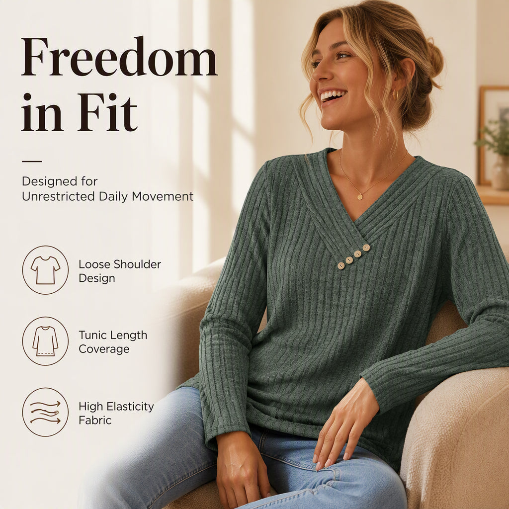⏰Last Day Sale 50% Off💃Women's Ribbed Knit V-Neck Top with Decorative Buttons