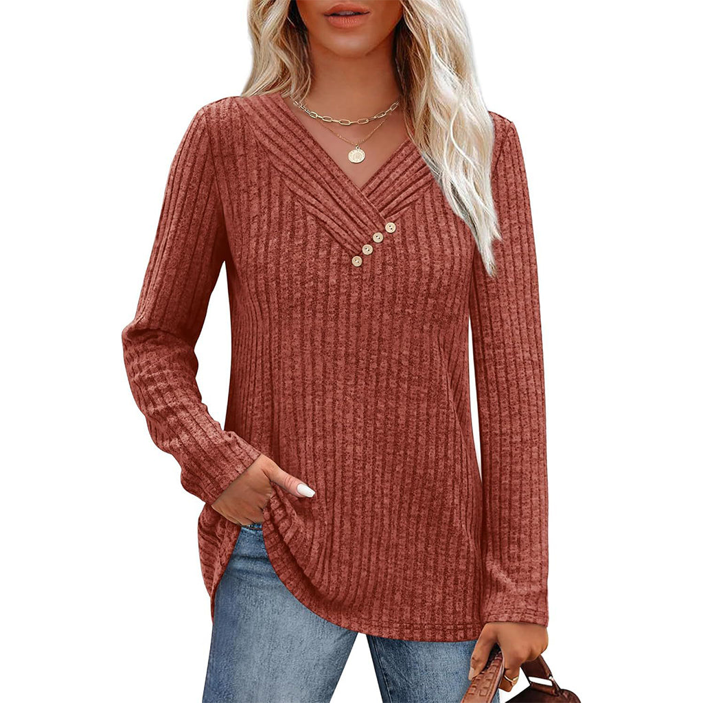 ⏰Last Day Sale 50% Off💃Women's Ribbed Knit V-Neck Top with Decorative Buttons
