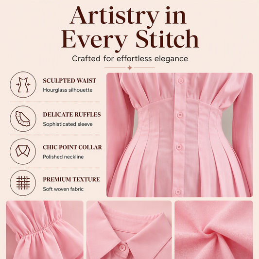 Women's Pleated Waist Long Sleeve Shirt Dress