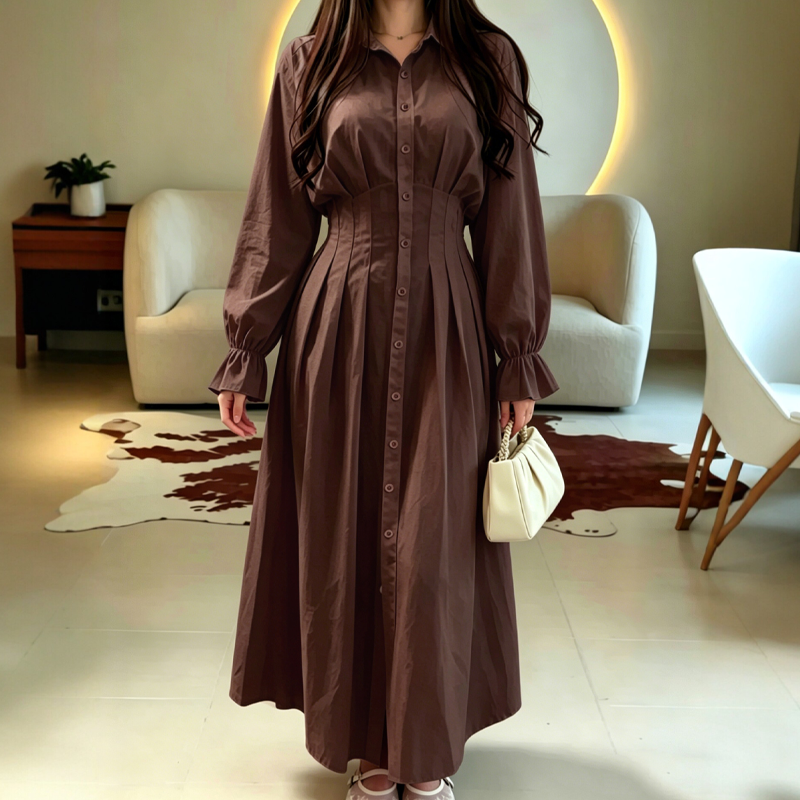 Women's Pleated Waist Long Sleeve Shirt Dress