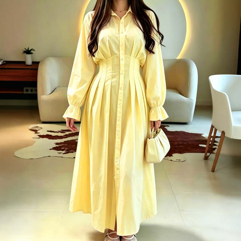 Women's Pleated Waist Long Sleeve Shirt Dress
