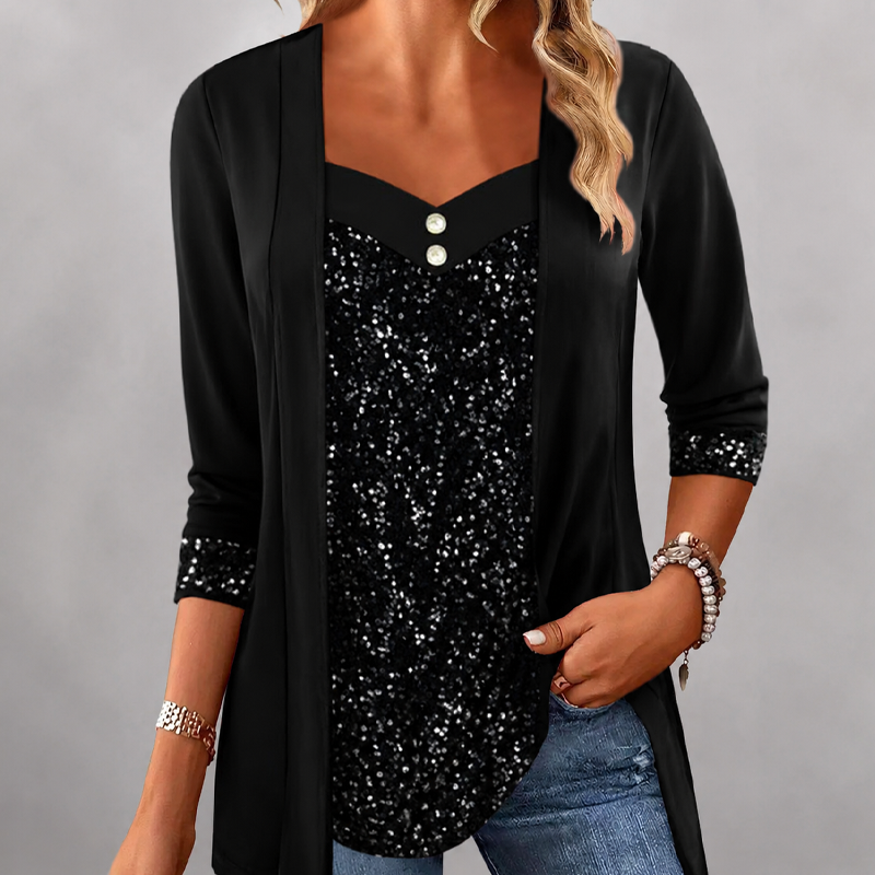 Women's Sequin Patchwork Mock Two-Piece Top