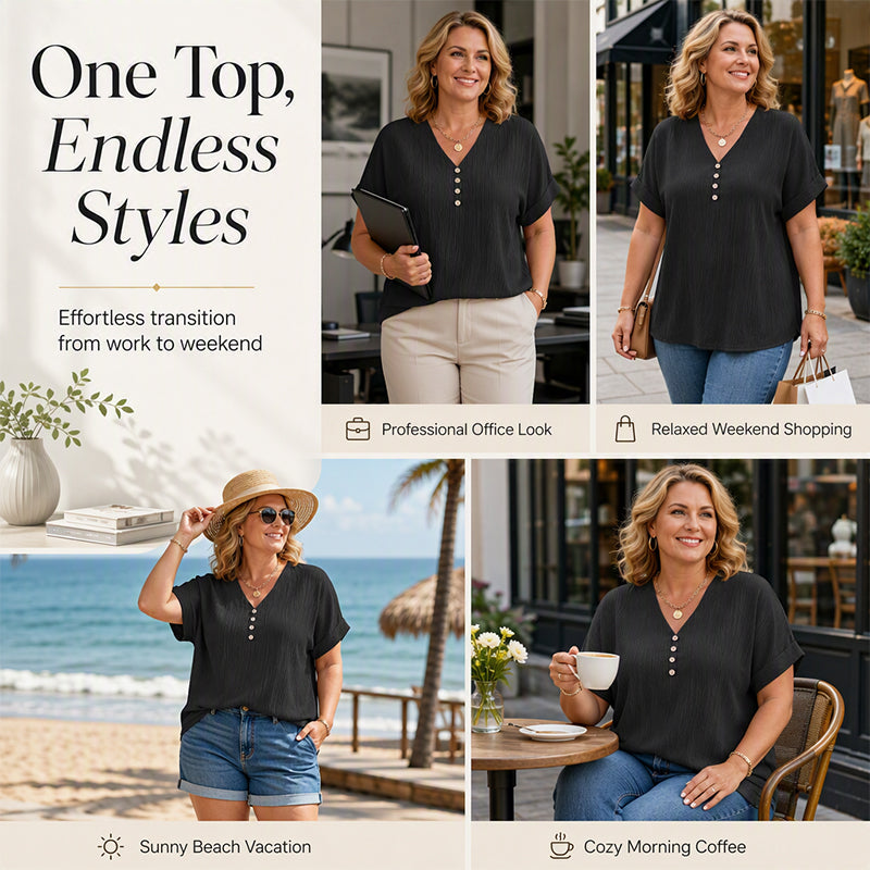 Women's Casual V-Neck Short Sleeve Textured Crinkle Top