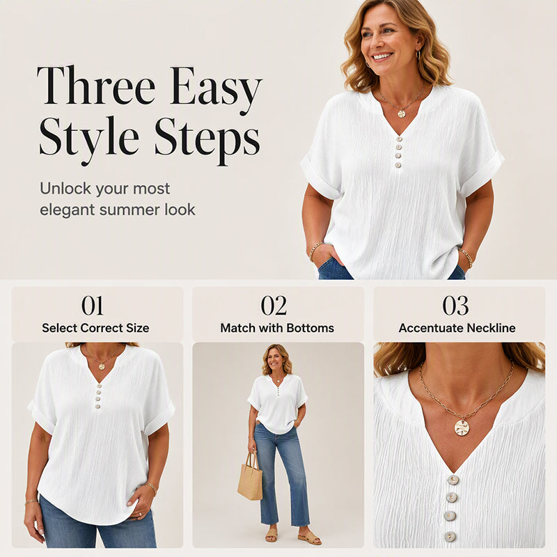 Women's Casual V-Neck Short Sleeve Textured Crinkle Top