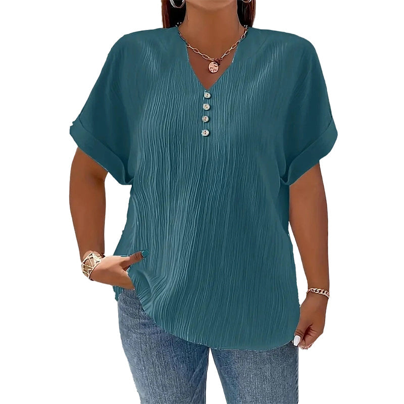 Women's Casual V-Neck Short Sleeve Textured Crinkle Top