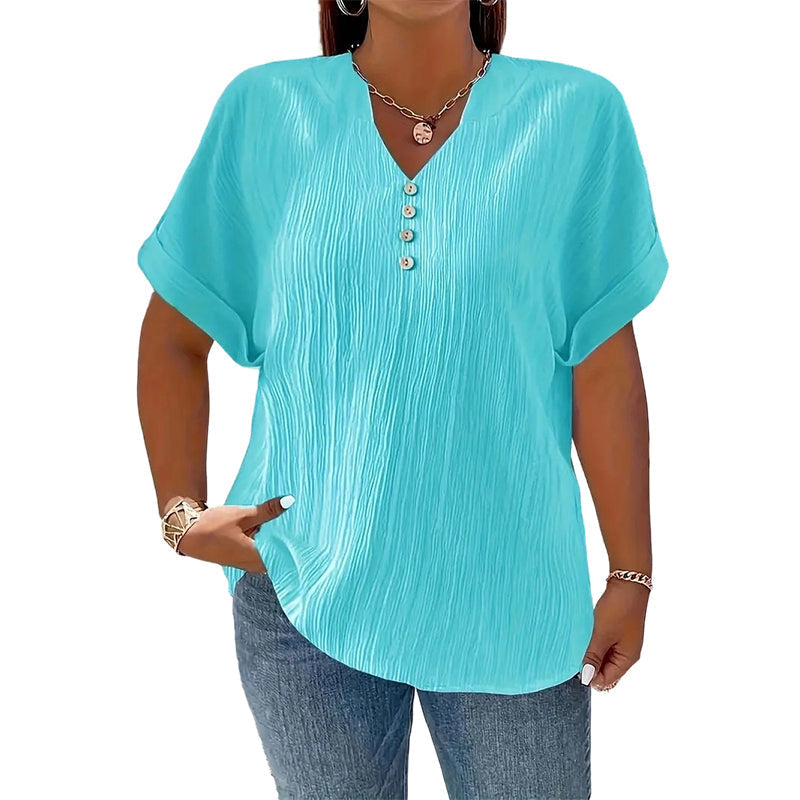 Women's Casual V-Neck Short Sleeve Textured Crinkle Top