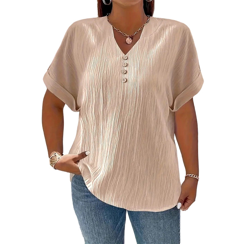 Women's Casual V-Neck Short Sleeve Textured Crinkle Top