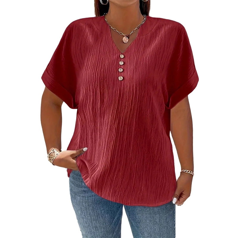 Women's Casual V-Neck Short Sleeve Textured Crinkle Top