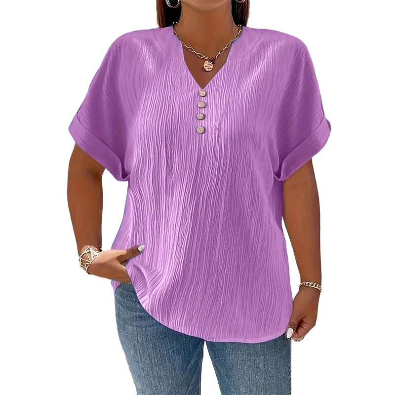 Women's Casual V-Neck Short Sleeve Textured Crinkle Top